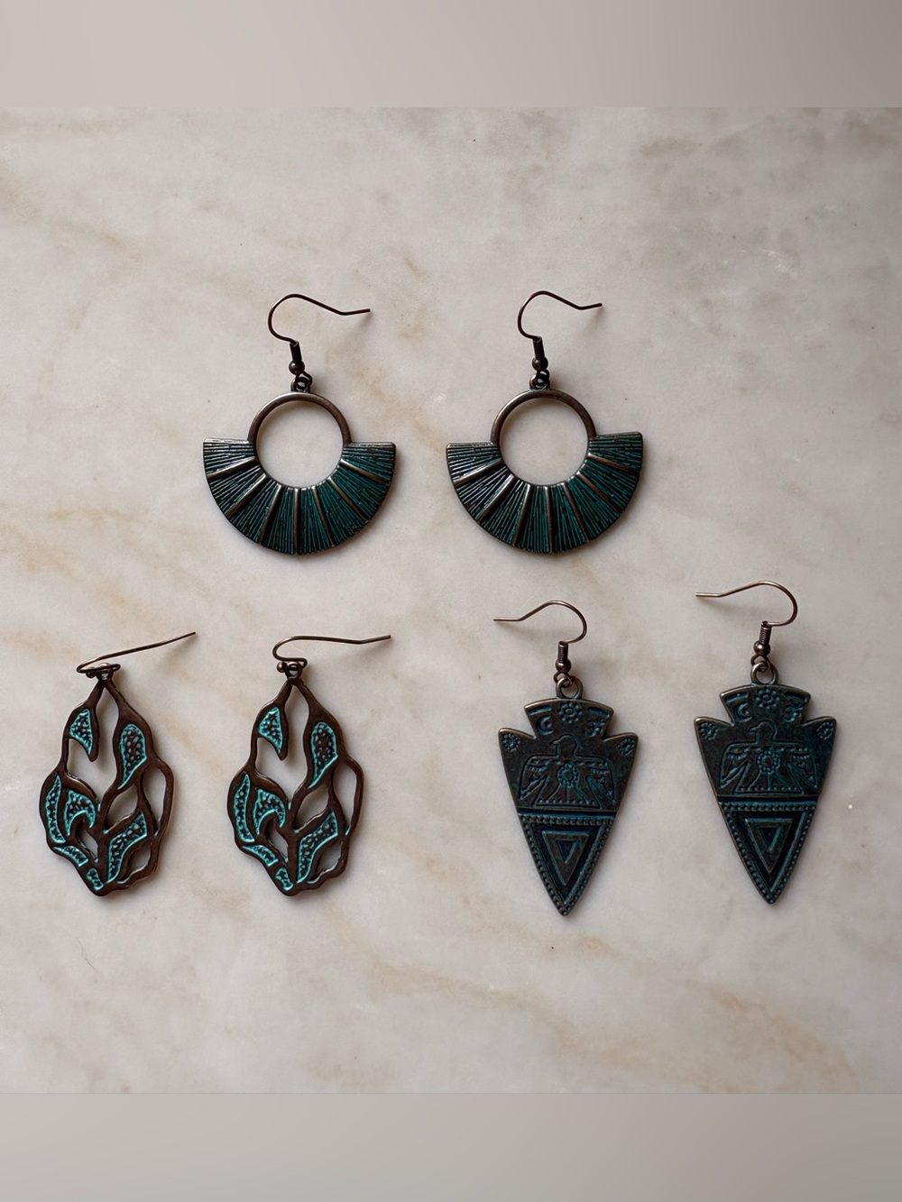 Boho Patina Earrings - Teal Green 3 Pairs
